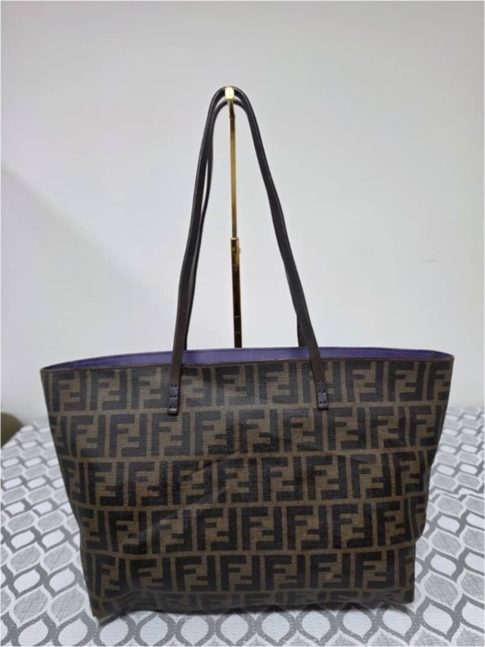 Authentic FENDI Zucca Print Coated Canvas Small Roll Tote Bag Brown